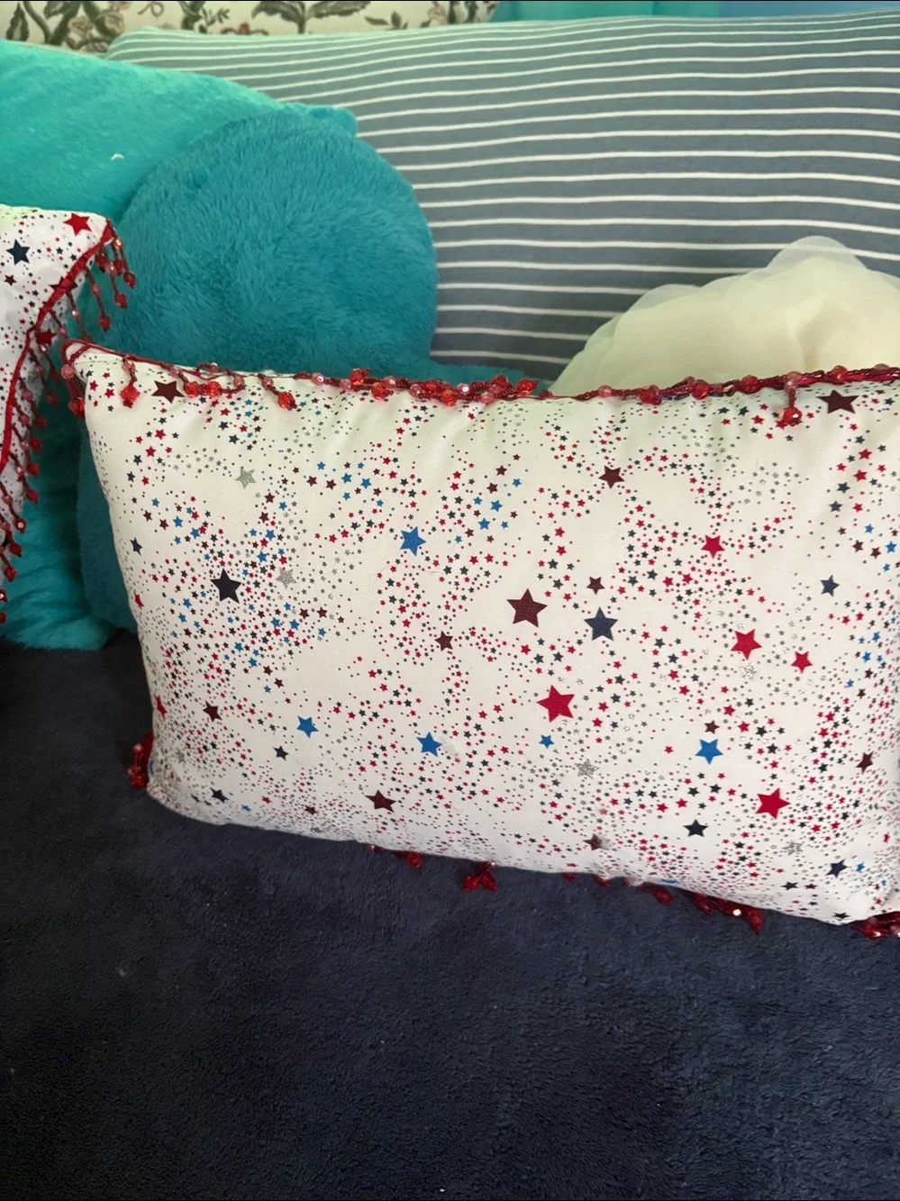 Star Print Decorative Pillow - white background with Red & Blue Stars